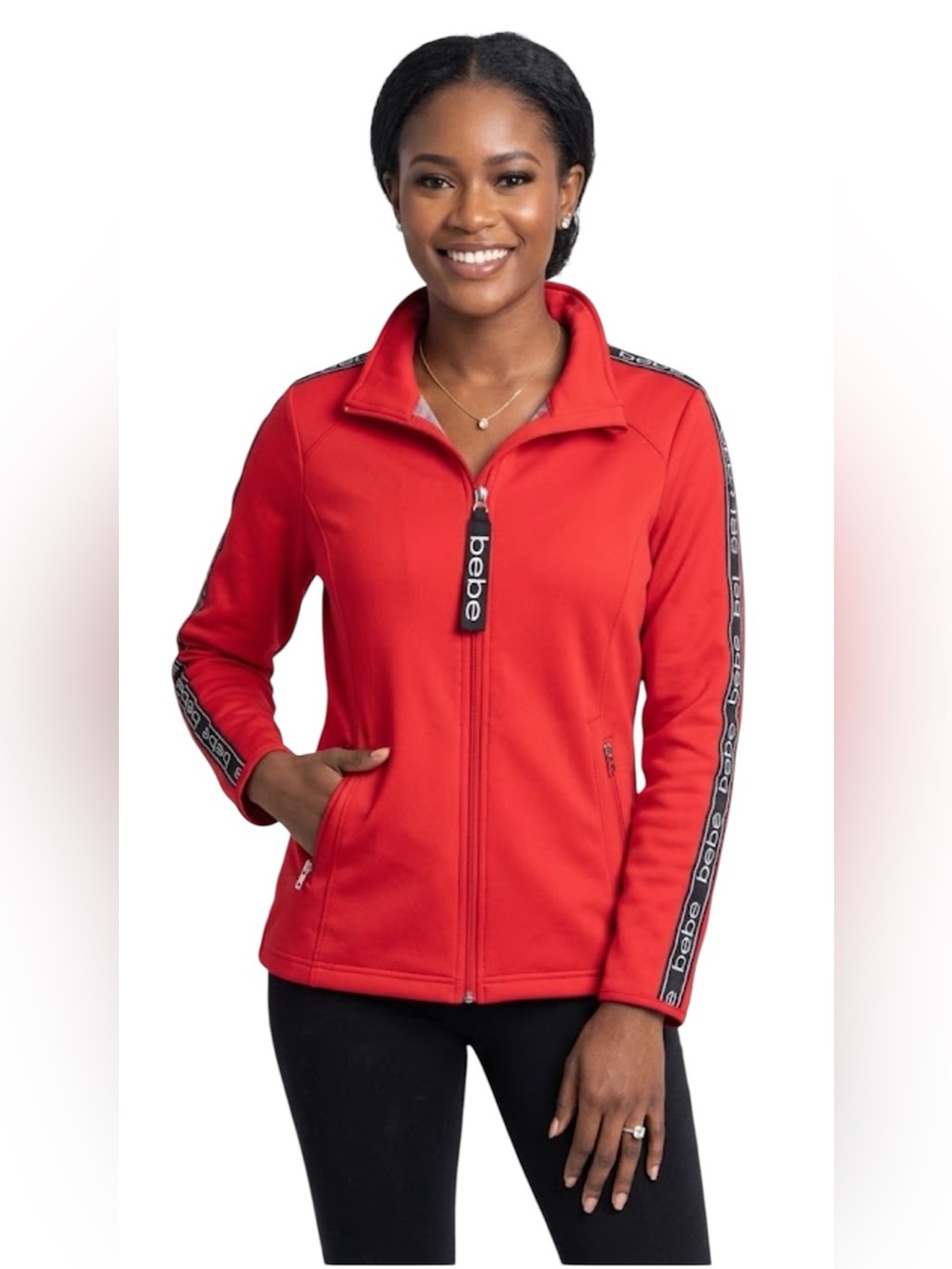 Bebe Women's Red Full Zip-Up Hoodie Lightweight Rain Waterproof Jacket Large